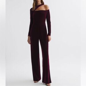 REISS ADELE Velvet Off the shoulder Straight Leg Jumpsuit Berry Size 10 NWT